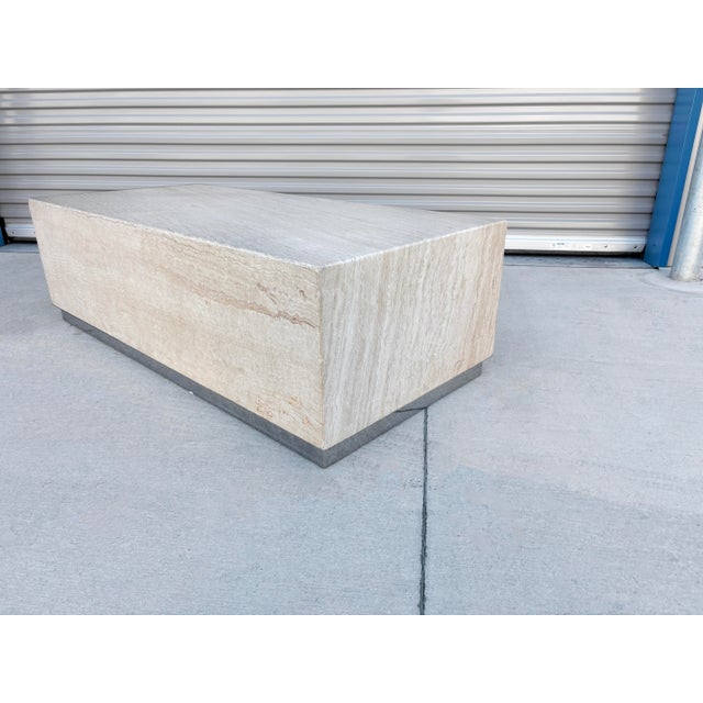 Metal 1990s Mid Century Rectangular Travertine and Chrome Coffee Table For Sale - Image 7 of 11