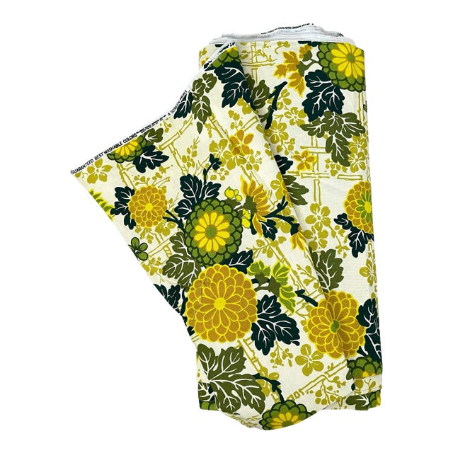 Vintage MCM House’n Home Fabrics Screen Print Green Yellow Floral. 6 Yards For Sale