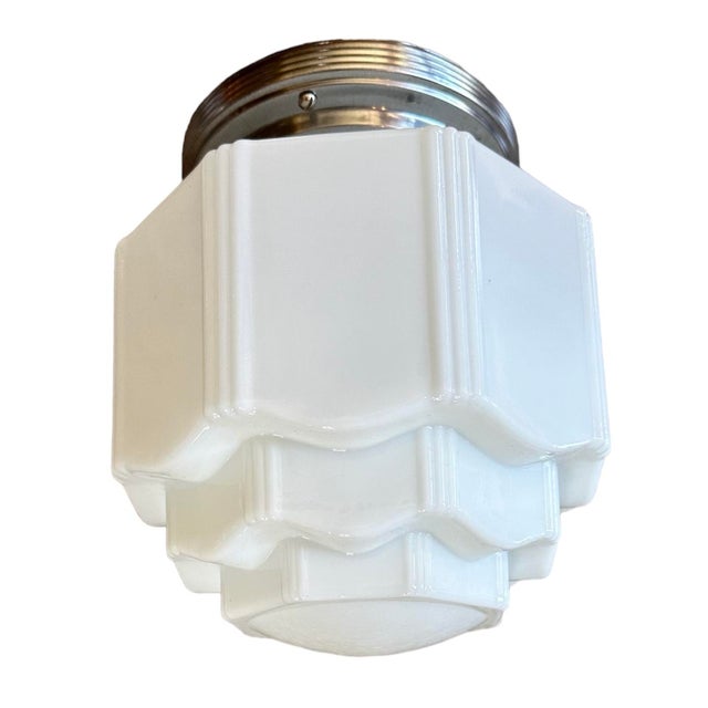 White Art Deco Milk Glass Skyscraper Wedding Cake Flush Mount Ceiling Light Fixture For Sale - Image 4 of 4