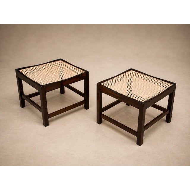 Pair of Brazilian Modern Stools in Rosewood, Cane, and Olive Mohair Cushions — Liceu De Artes, 1960s For Sale - Image 9 of 18