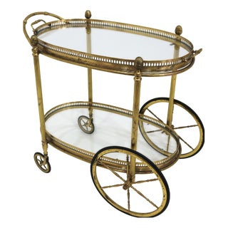 Vintage Oval Brass and Glass Bar Cart from Maison Baguès, 1950s For Sale