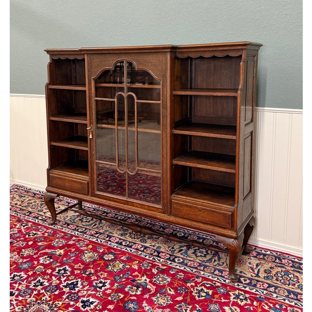Brown Antique English Bookcase Bookshelf Cabinet Glass Oak Queen Anne Legs 1920s-30s For Sale - Image 8 of 18