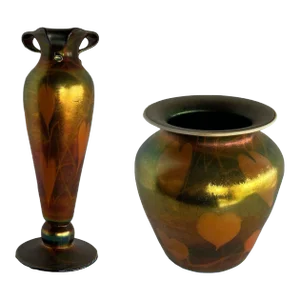 Early 20th Iridescent Handblown Heart & Vine Vase Set by Imperial