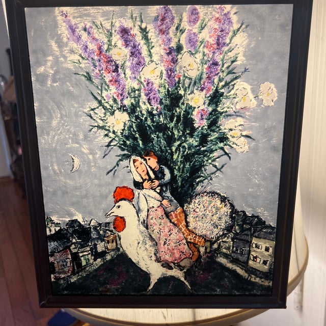 1960s Window Panel Stained Glass by Boston Glass Masters Marc Shagall Wedding Couple Riding White Rooster, Framed For Sale - Image 9 of 9