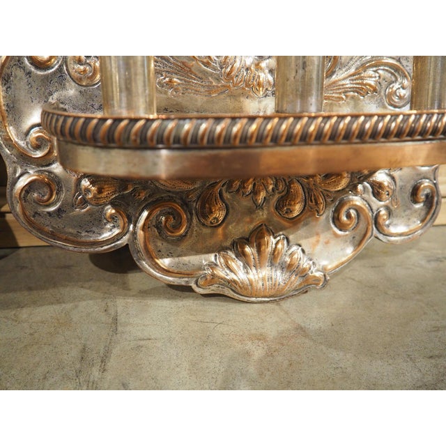 Pair of 19th Century French Silver Plated Copper Repousse 3-Light Wall Sconces For Sale - Image 11 of 18