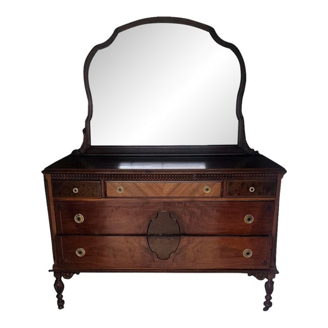 Antique 1920s Art Deco Mahogany Dresser With Ornate Mirror and Inlay Detailing For Sale