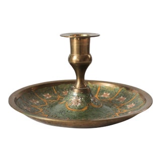 Vintage Brass Cloisonné Taper Candle Holder For Sale