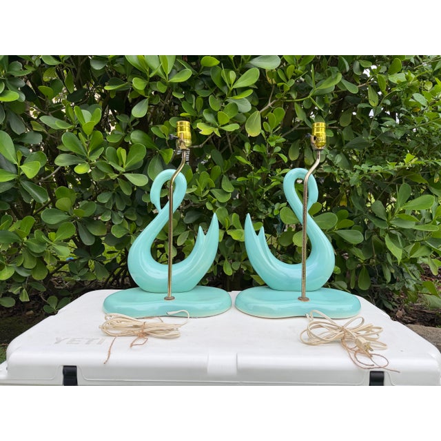 Vintage Sculptural Aqua Swan Table Lamps, Pair For Sale - Image 9 of 11