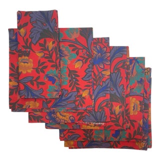 Late 20th Century Goeters Belgium Vivid Red Multicolor Floral Cotton Napkins - Set of 6 For Sale