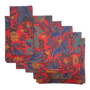 Late 20th Century Goeters Belgium Vivid Red Multicolor Floral Cotton Napkins - Set of 6