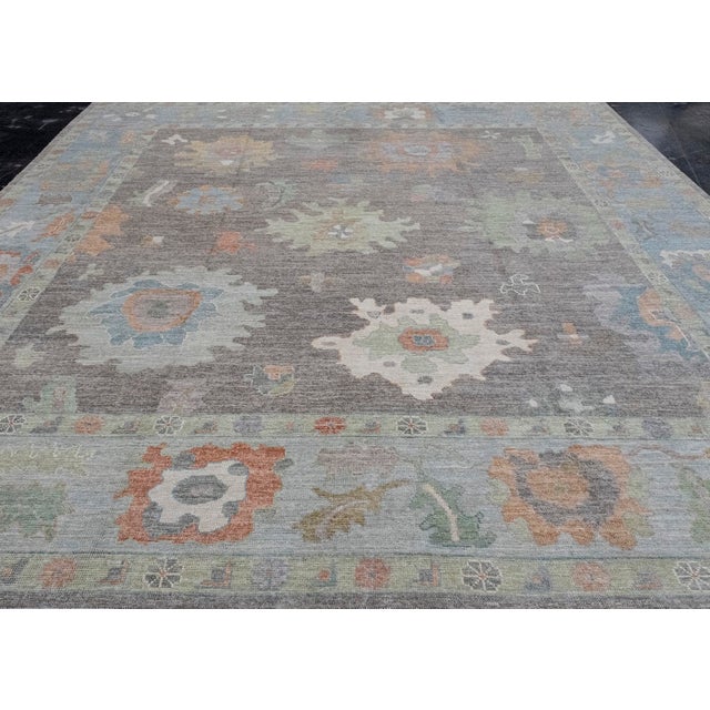 Modern Turkish Oushak Rug Taupe With Multicolor Hand Knotted Wool Square Rug 12' X 12'7" For Sale - Image 3 of 9
