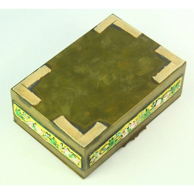 Yellow Chinese Polychrome Enameled Brass Box, Wood Lined W. Children Scene For Sale - Image 8 of 9