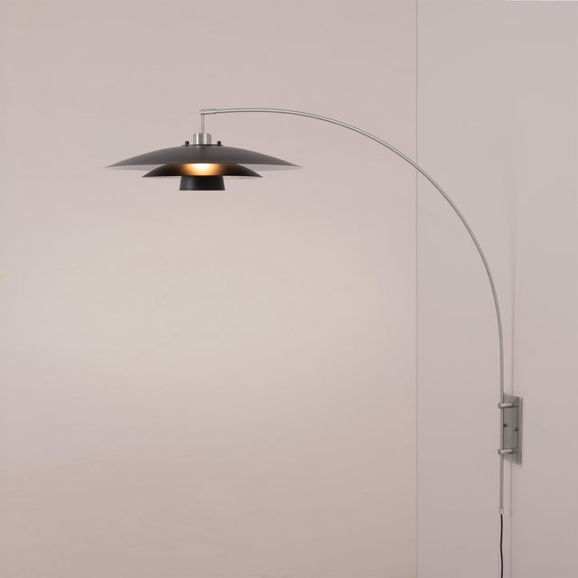 Rancho Mirage Wall Mounted Arc Lamp, Fleur Matte Black/Silver Shade, Black Body For Sale In Los Angeles - Image 6 of 7
