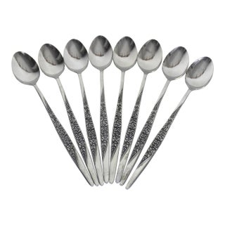 Vintage Mid Century Modern Japan Stainless Iced Tea Spoons Caress Rose Steel - Set of Eight Long Ice Sundae For Sale