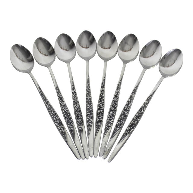 Vintage Mid Century Modern Japan Stainless Iced Tea Spoons Caress Rose Steel - Set of Eight Long Ice Sundae For Sale