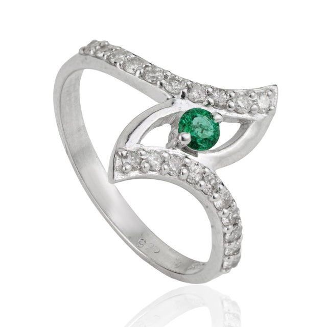 Contemporary Eye Motif Natural Emerald & Diamond Pavé Set Crossover Cocktail Ring Size 4 For Sale - Image 3 of 13