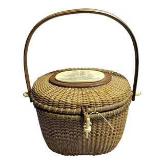 Nantucket Farnum Basket or Purse With Two Scrimshaw Plaques and Penny For Sale