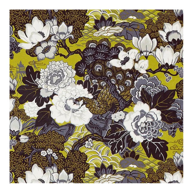 Schumacher Shanghai Peacock Fabric in Brass For Sale