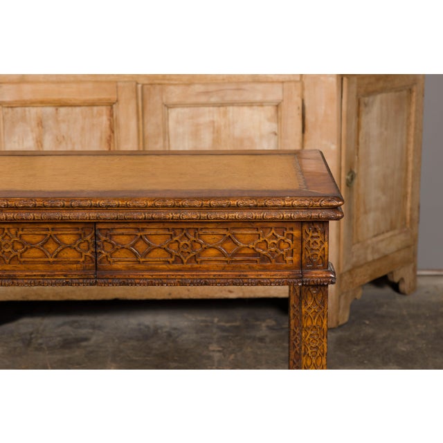 Brown Mid 20th Century English Midcentury Game Table with Leather Top and Abundant Carved Décor For Sale - Image 8 of 12