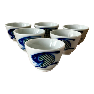 1980s Hand-Painted Traditional Koi Fish Sake Cups- Set of 6
