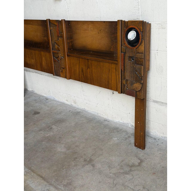 Attributed Lane Brutalist King Headboard Wood Bed Frame With Integrated Lights 1960s For Sale - Image 10 of 10