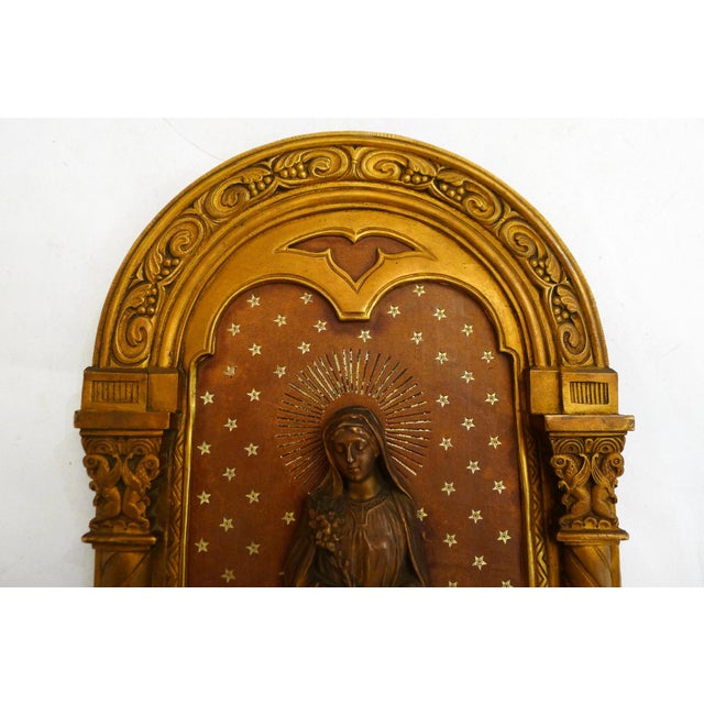 Religious Wall Icon of the Virgin Mary on Starry Background in Copper-Gold Metal, 1950s For Sale - Image 10 of 14