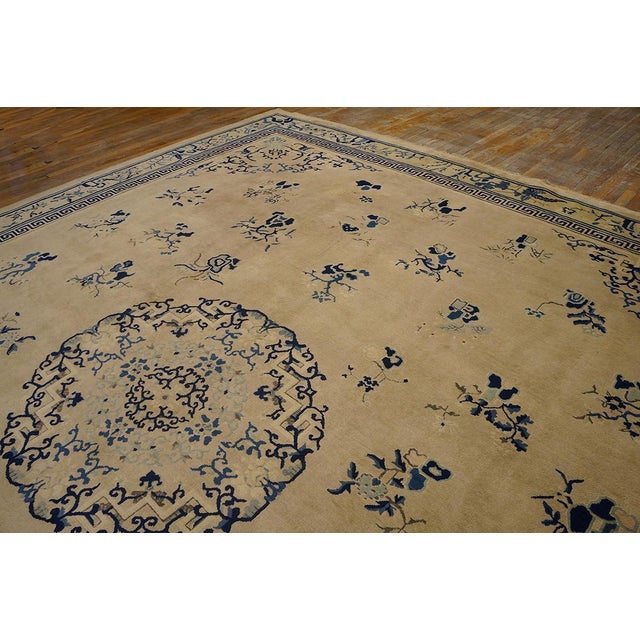 1890s Beige Floral Antique Chinese Peking Rug 11' 9" X 14' 8" Handknotted Wool Carpet For Sale - Image 9 of 10
