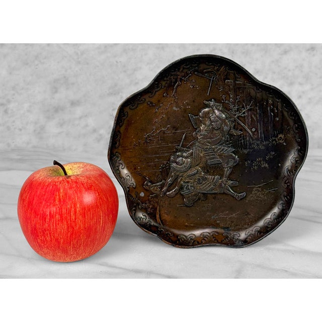 Original Meiji Period Japanese Copper Catchall Dish Copper Alloy with High Relief Samurai Warrior Motif Heavily Detailed...