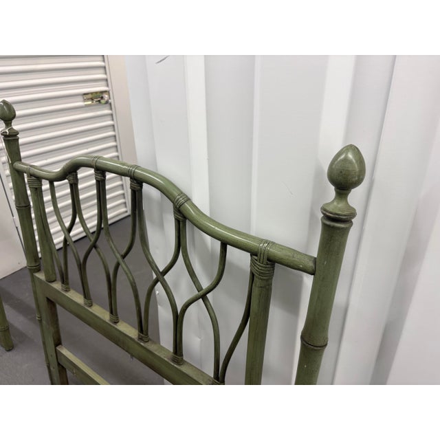 Wood Pair 1960s Ficks Reed Attributed Twin Headboards Original Green Speckle Painted Rattan For Sale - Image 7 of 12