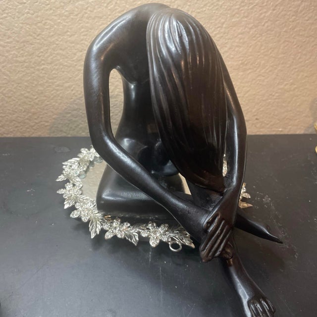 Gorgeous 1985 Austin Sculpture Black Nude Kneeling Lady With Long Tresses For Sale - Image 4 of 9