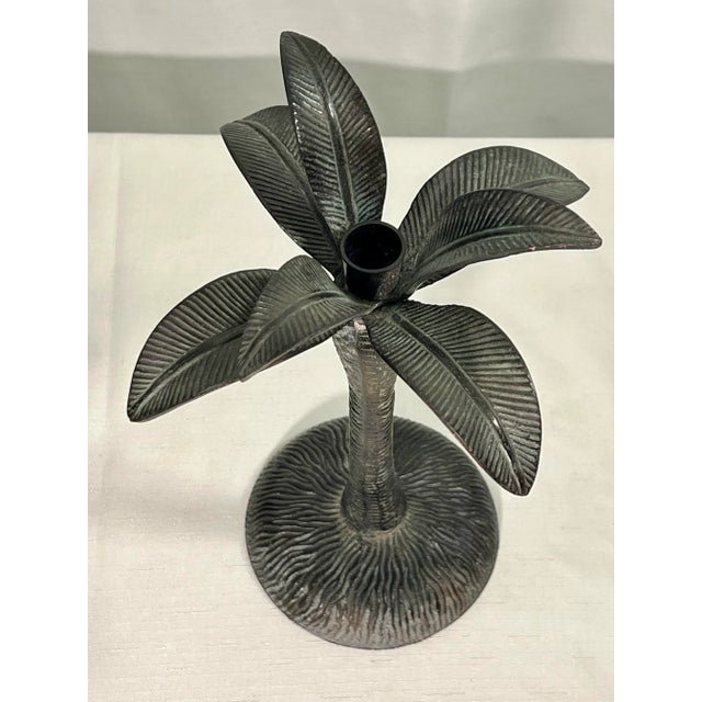 Vintage Palm Beach Regency Patinated Brass Palm Tree Candlestick Holder For Sale - Image 4 of 6