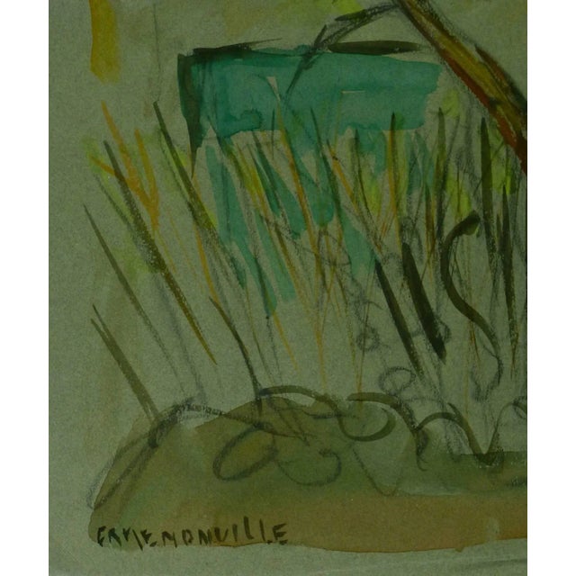 Lone tree gouache painting with light green colors and aqua painted doors on grey paper by French artist RB, 1960. Signed...