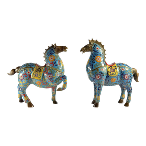 Pair of Vintage Solid Bronze Chinese Cloisonné Horses – Handcrafted Feng Shui Zodiac Statues
