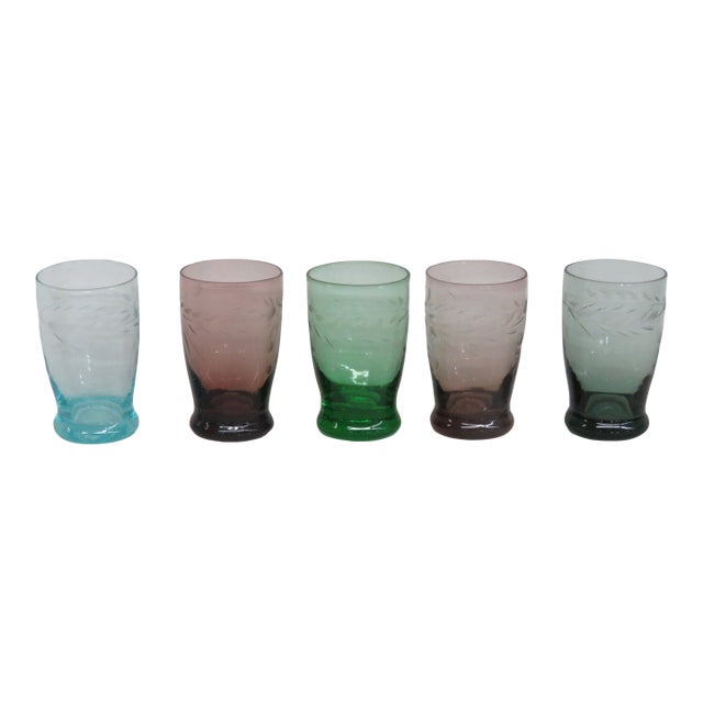 Mid 20th Century Aperitif Cordial Glasses Set of 5 Colorful Sipping Liqueur Small Shot Cups For Sale