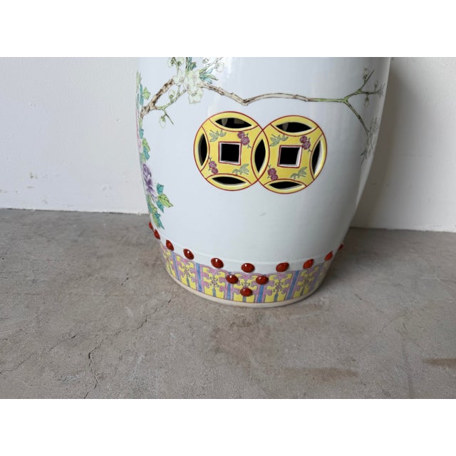 White Vintage Chinese Famille Rose-Style Hand-Painted Porcelain Garden Stool With Pierced Cash-Coin Motifs For Sale - Image 8 of 12