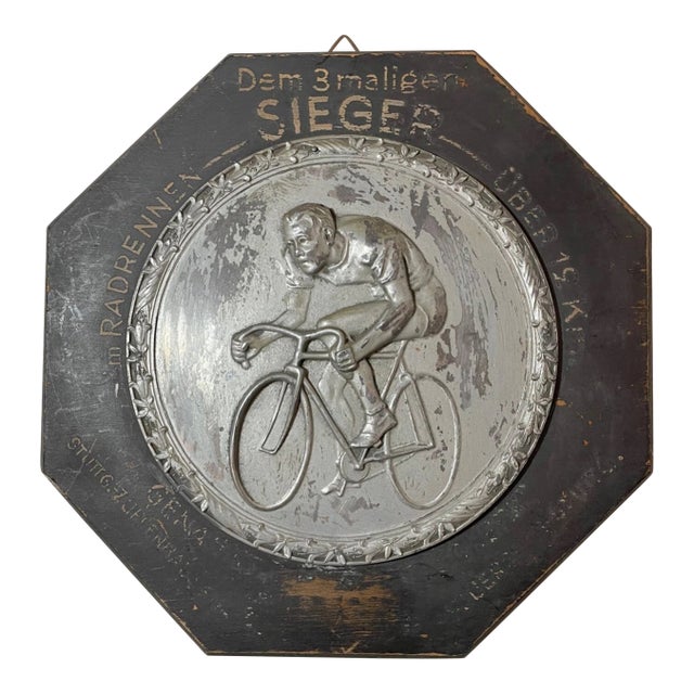 Rare Antique German Sieger Bicycle Plated Metal Wood Hand Painted Trophy Award For Sale