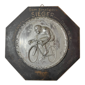 Rare Antique German Sieger Bicycle Plated Metal Wood Hand Painted Trophy Award