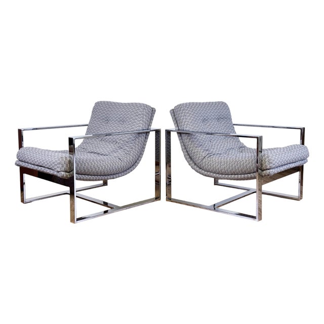 Vintage MCM Milo Baughman Style Chrome Slingback Lounge Chairs, a Pair For Sale