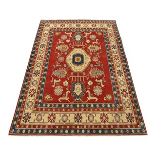 Kazak Rug 6’6” X 8’9” Red Wool Tribal Hand-Knotted Carpet For Sale