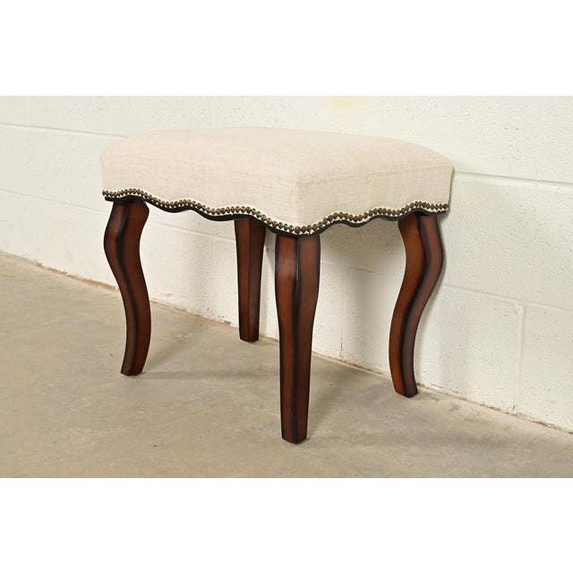 Baker Furniture Style French Provincial Louis XV Carved Mahogany Upholstered Stool or Ottoman For Sale - Image 9 of 9