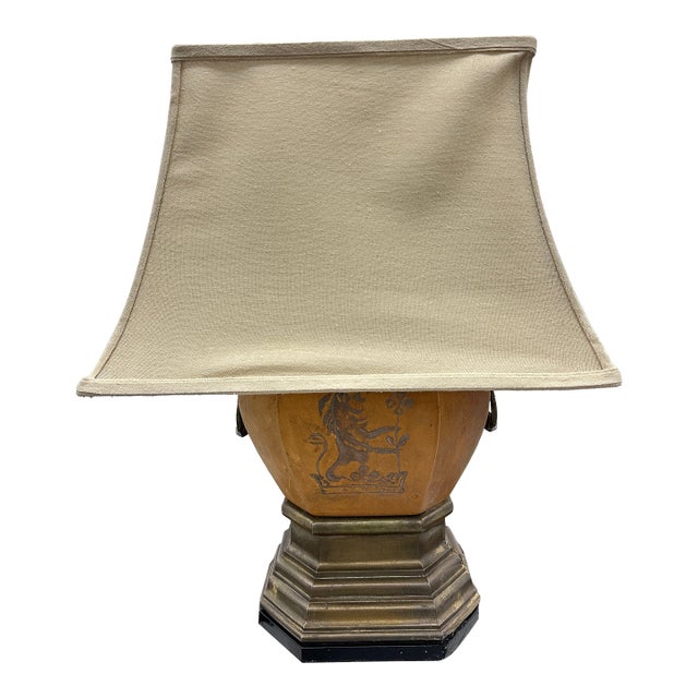 Vintage Attributed to Chapman, Brass and Leather Table Lamp With Embossed Guardian Lion For Sale