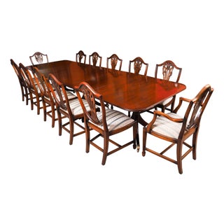 Vintage Triple Pillar Dining Table and Chairs by William Tillman Harrods, 1980s, Set of 13 For Sale