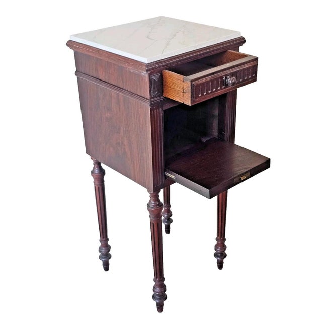 Antique French 1920s Marble Top Nightstand Mahogany Bedside Cabinet For Sale - Image 14 of 18