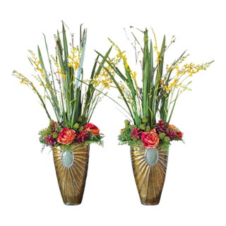 Late 20th Century Pair of Large John-Richard Hollywood Regency Gilt Decorative Vases With Botanical Arrangements For Sale