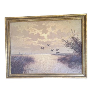 Mid Century Oil on Canvas of Canadian Geese in the Sunset by Fritz Martens For Sale