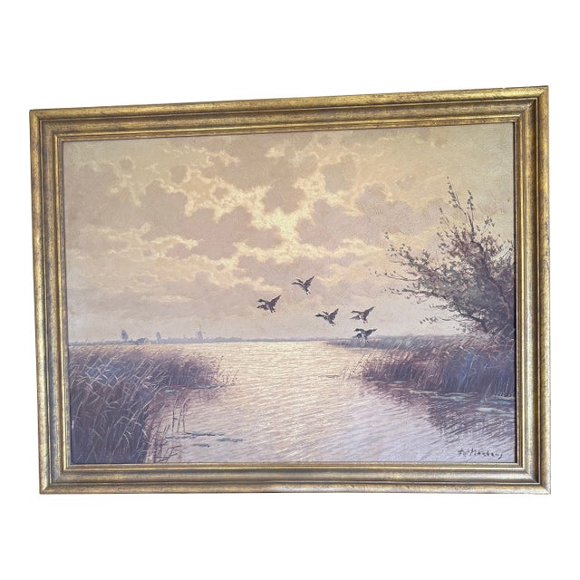 Mid Century Oil on Canvas of Canadian Geese in the Sunset by Fritz Martens For Sale