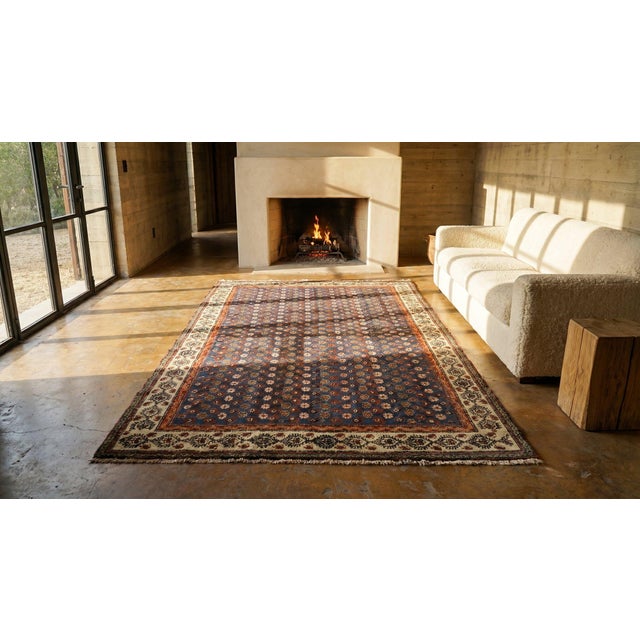 Royal Blue Formidable Royal Blue Background With Linear Rows of Flowers Houndstooth Pattern Antique Persian Rug For Sale - Image 8 of 10
