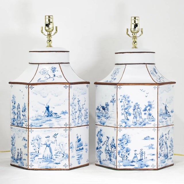 Vintage Hand-Painted Blue and White Imitation Dutch Tile Landscape Tea Can Table Lamps - a Pair For Sale - Image 14 of 14