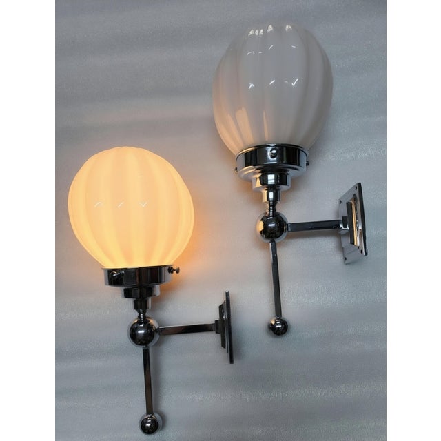 Vintage Art Deco Light Old Lamp Wall Sconces Fixture Nickel Brass & Ribbed Milk Glass Shade Ship Light - Pair For Sale - Image 4 of 5