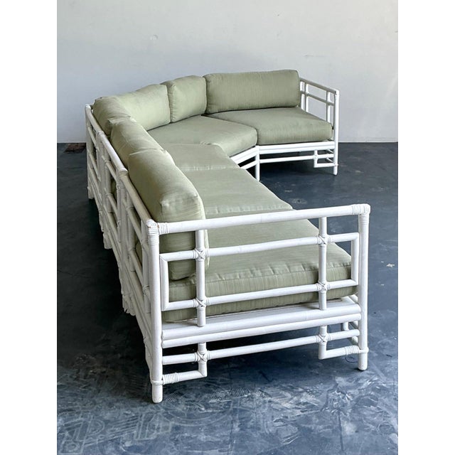 Mid-Century Modern Vintage Rattan and Fabric Sectional Sofa After Ficks Reed For Sale - Image 3 of 18